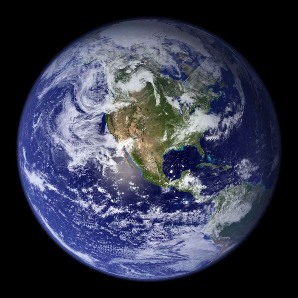 The earth, a blue and green globe set in the blackness of space. It's our home for now, let's start looking after it!