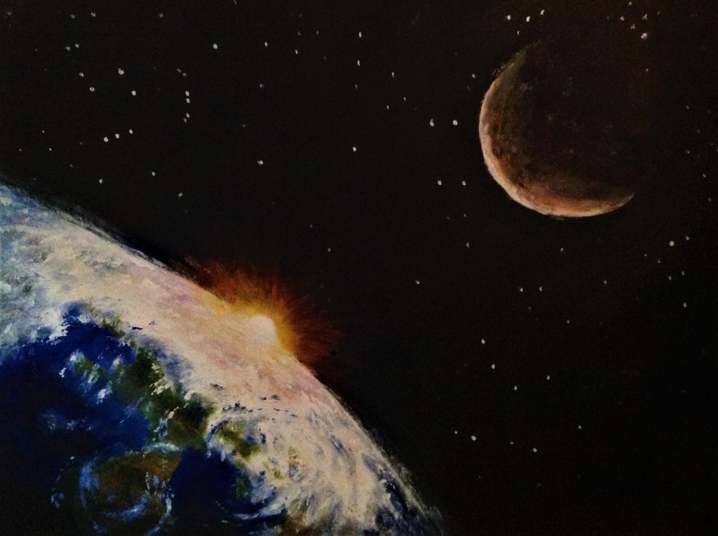 Gift of Planets, painting of sunrise over the earth with the moon also catching the sunlight. From a series on Climate Change celebrating the beautiful planet that God has given us.